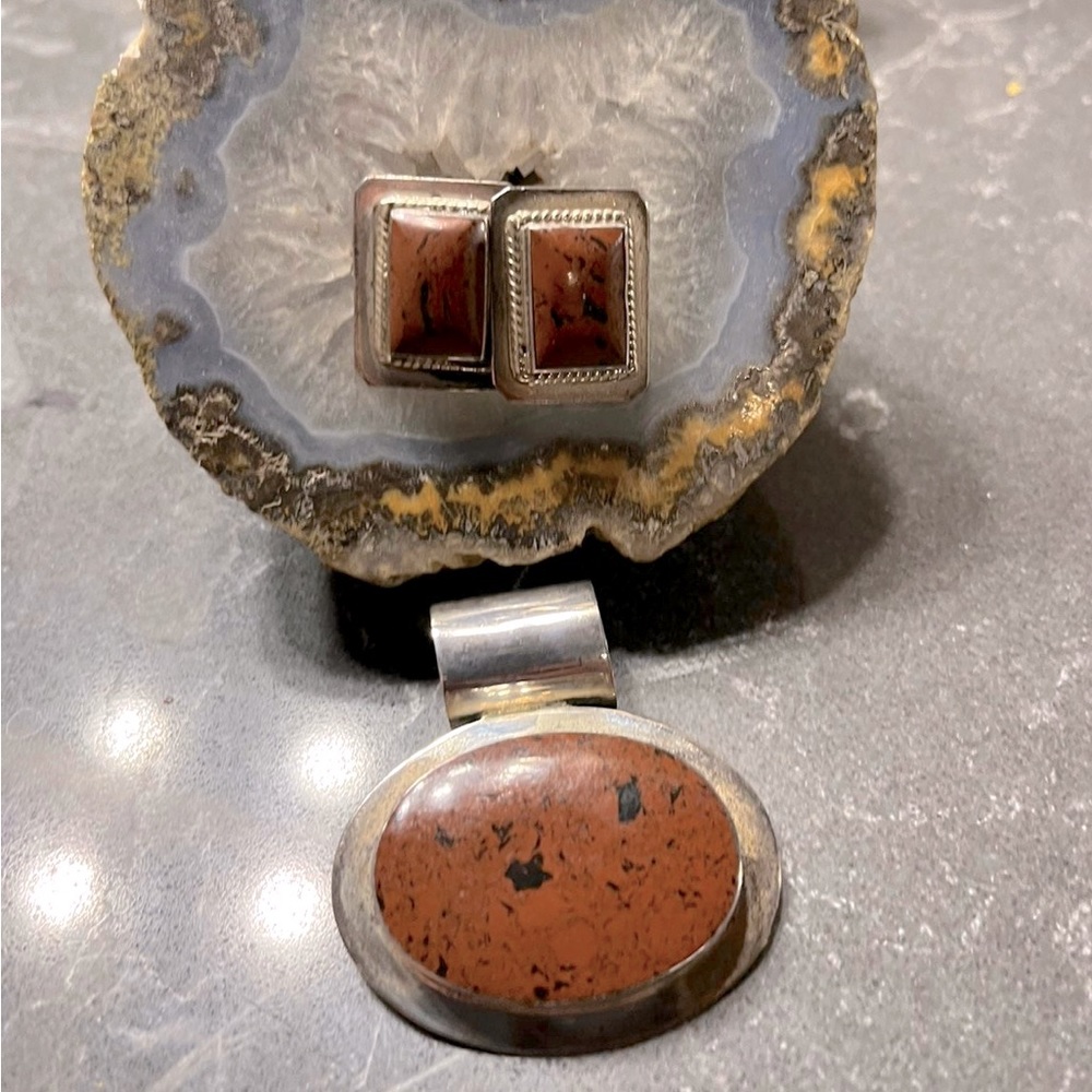 Jasper and sterling silver pendant and earrings
